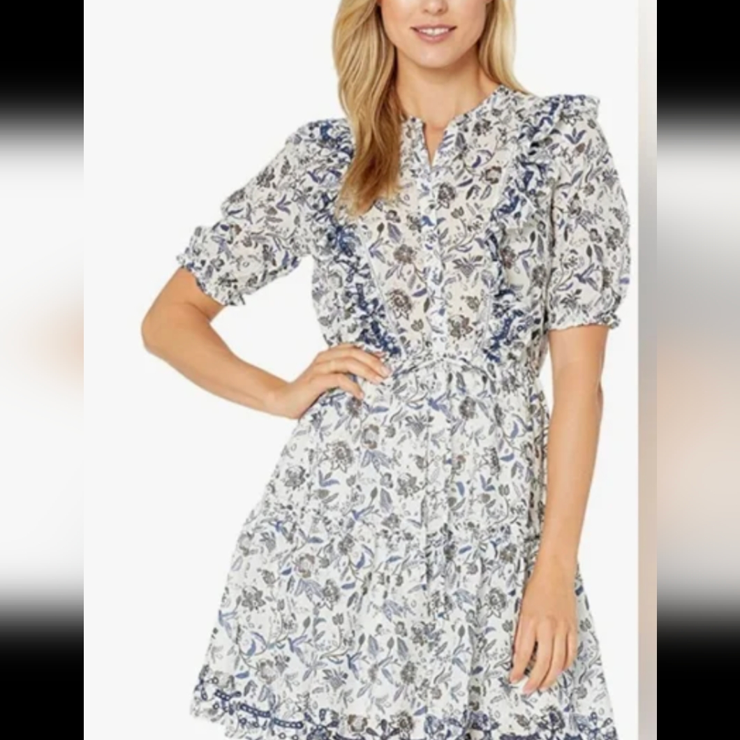 Nwt Lucky Brand Blue And White Ruffle Placket Victoria Dress Size M